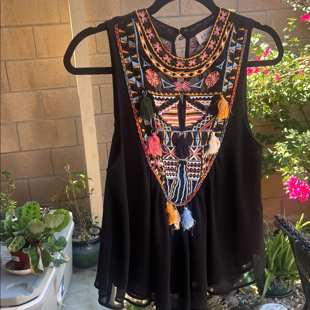 Philosophy Black Tank with Vibrant Embroidery